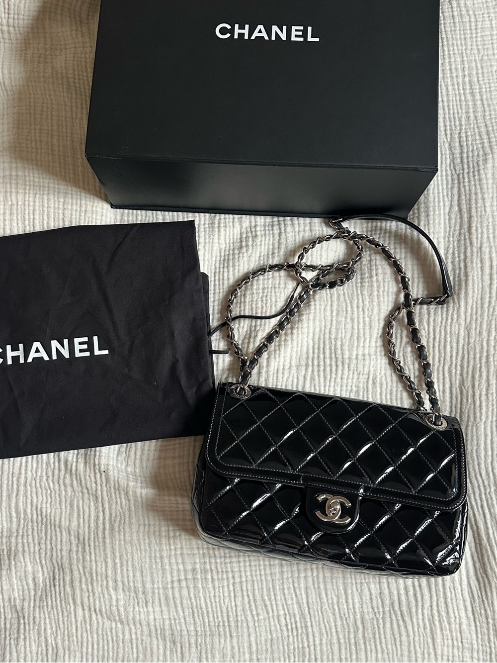 CHANEL Black Quilted Patent Leather Small Flap Shoulder Bag
